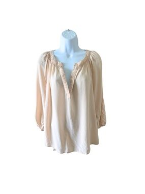 Max Studio Cream Blush 100% Silk Y Neck Peasant Blouse Size L